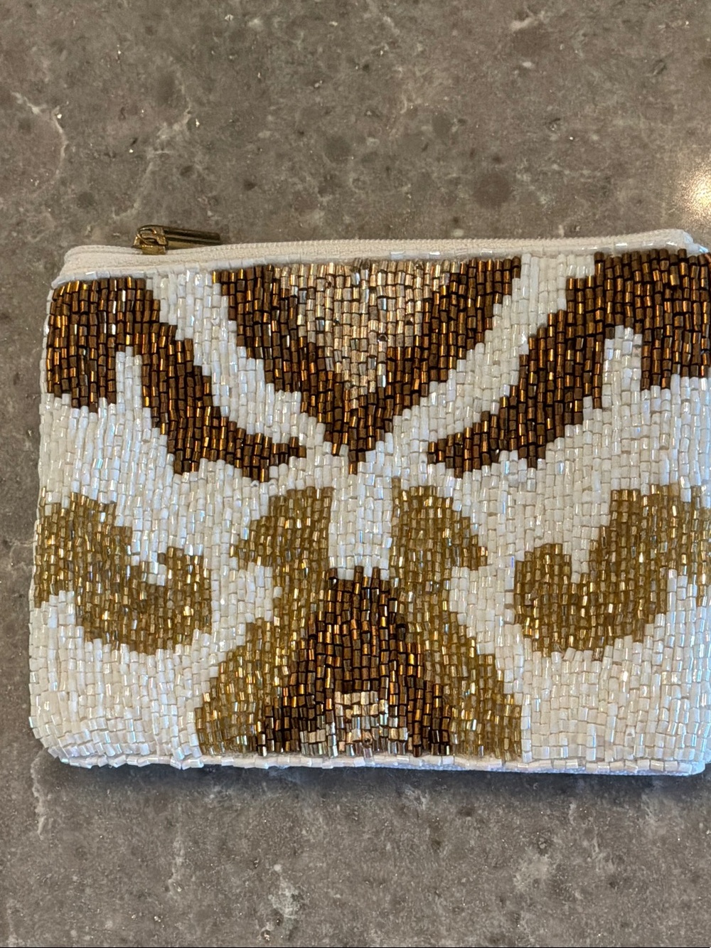 Beaded White and Gold Foliate Zip Coin Pouch